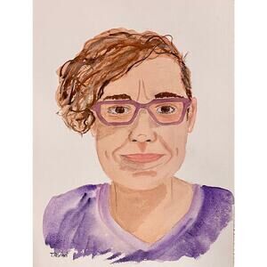 Hand painted watercolor original painting self portrait woman in tie dye